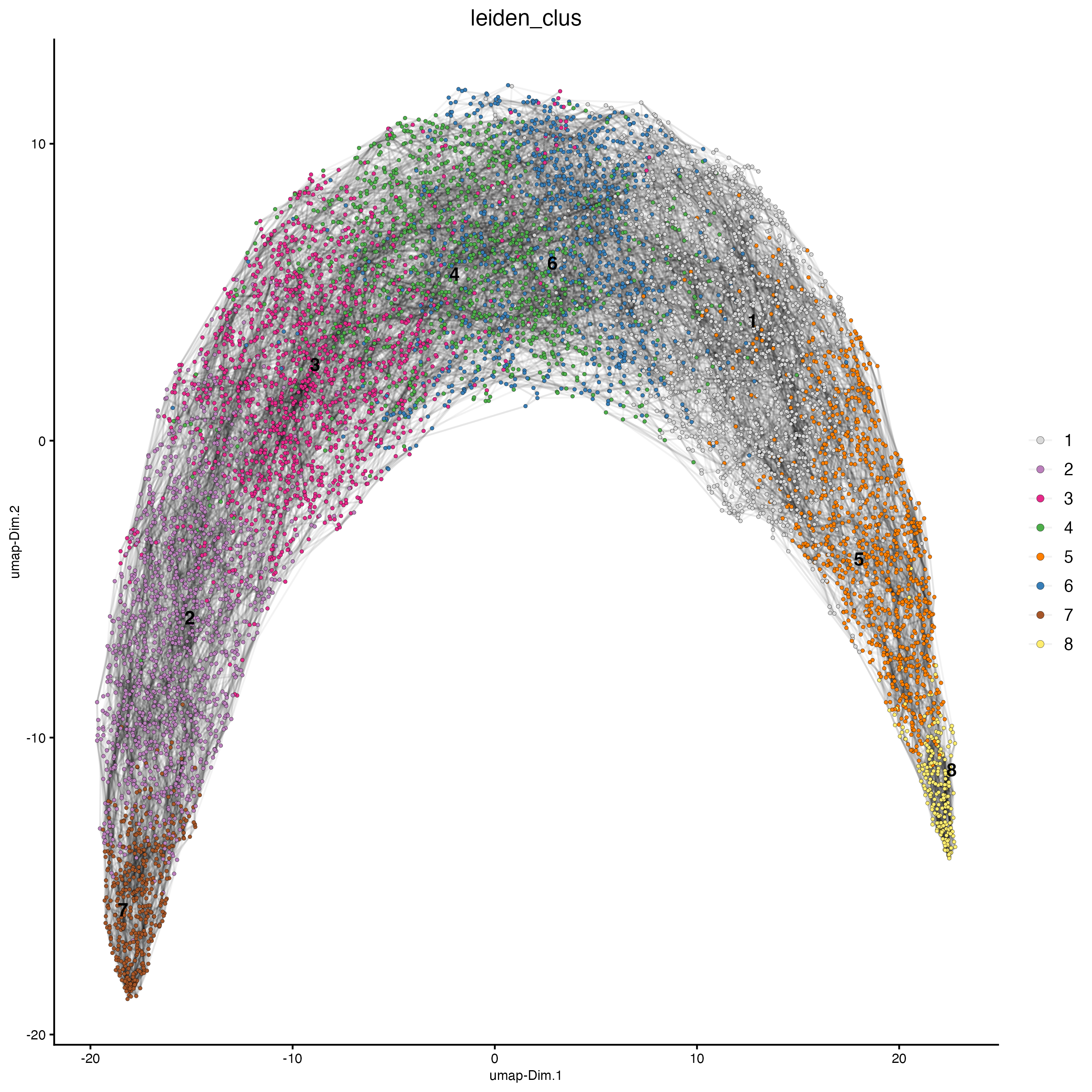 UMAP plot, colors indicate the Leiden clusters.