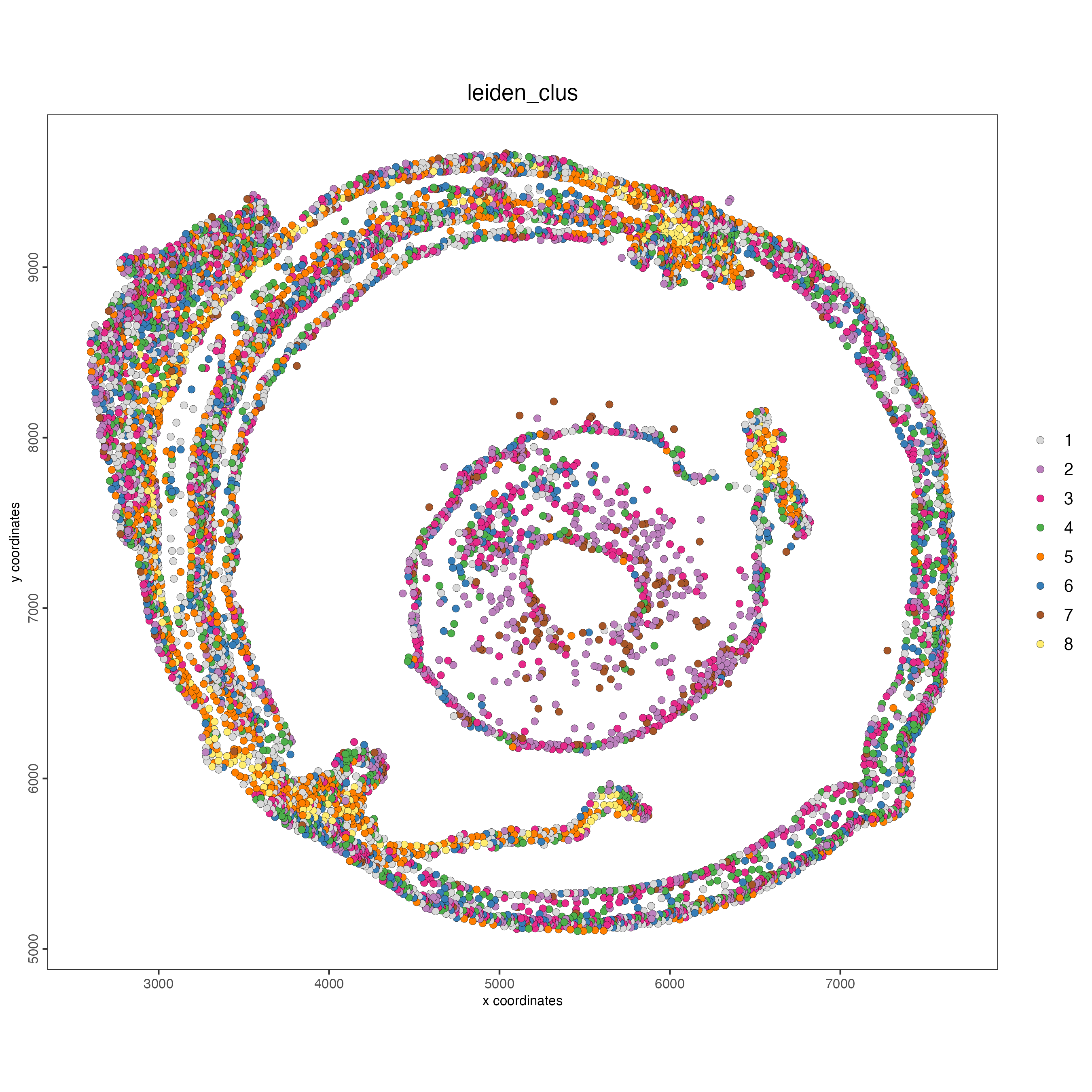 Spatial plot, colors indicate the Leiden clusters.