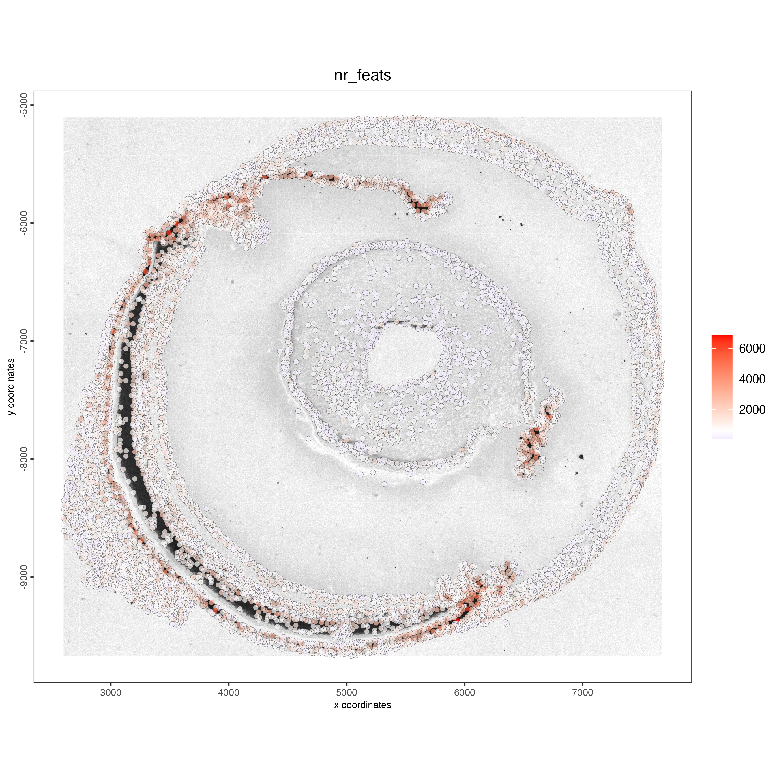 Spatial distribution of the number of features per cell.